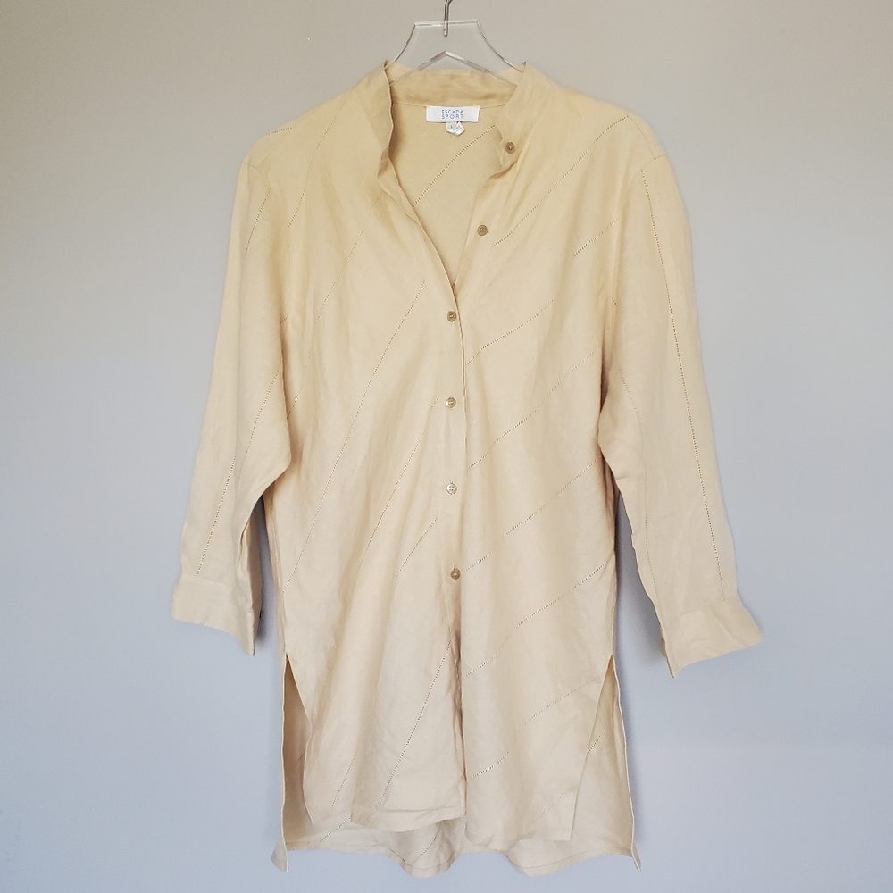 Escada Tunic Top Womens Large Yellow Long Sleeve 100% Linen Button Down